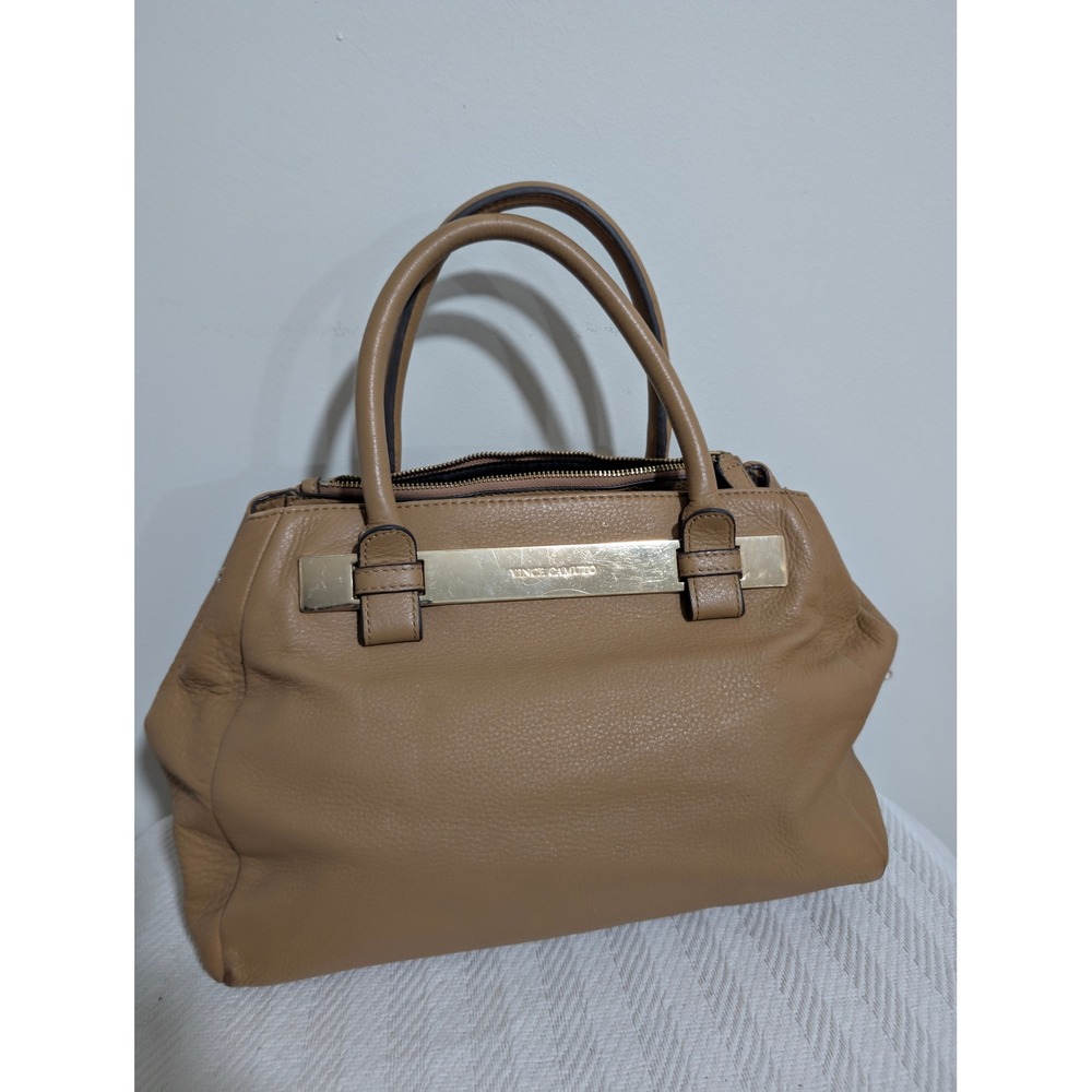 Vince Camuto Tan Leather Satchel with Gold Plaque